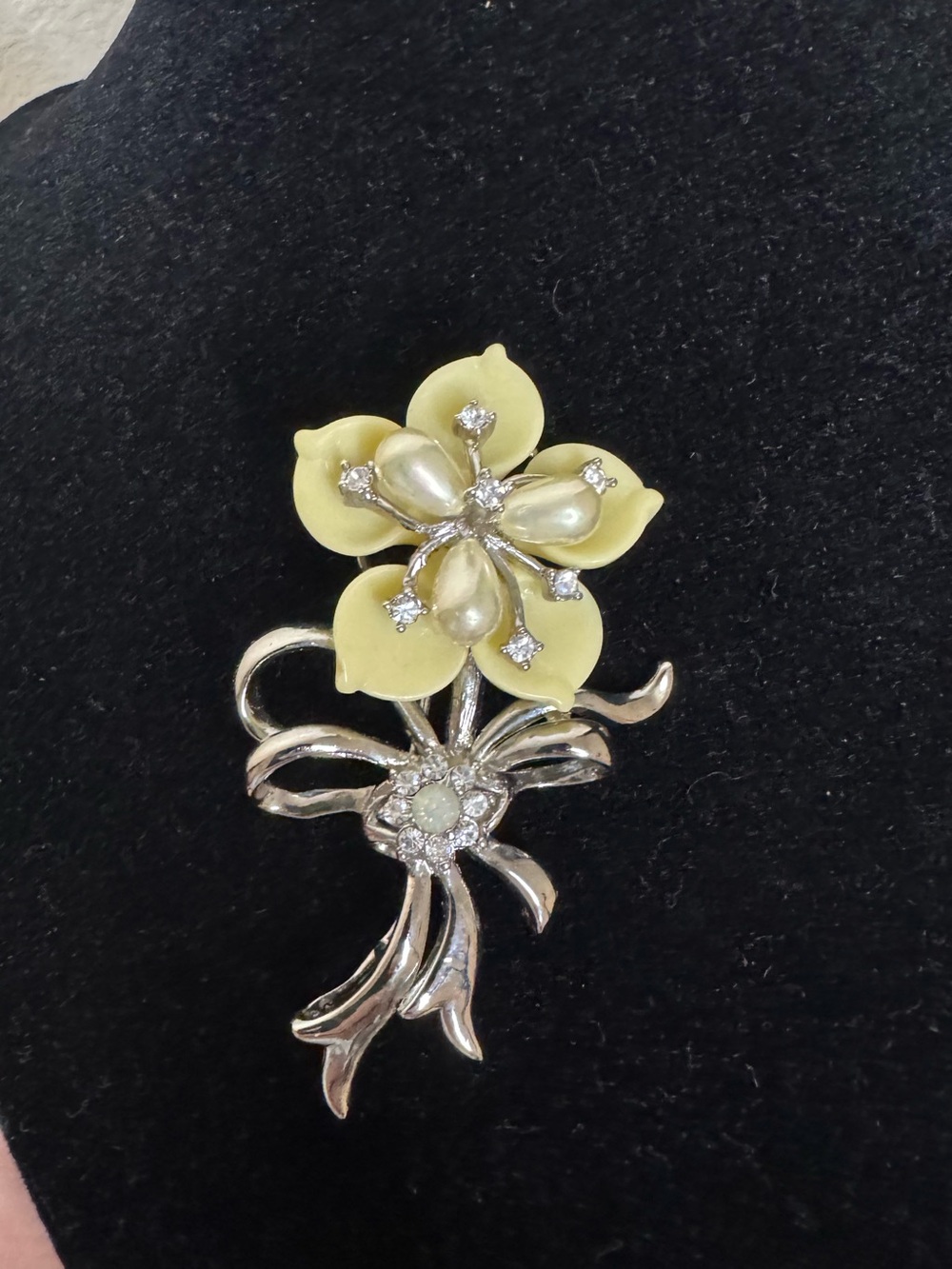 Vintage Yellow Floral Brooch with Faux Pearls